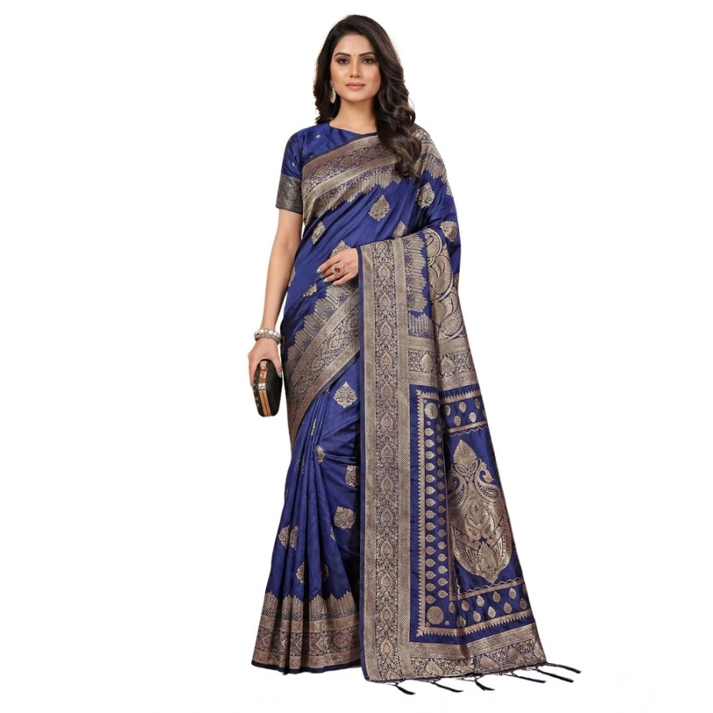 Spherevant Women's Silk Blend Printed Saree With Unstitched Blouse 5.5Mtr (Navy Blue)