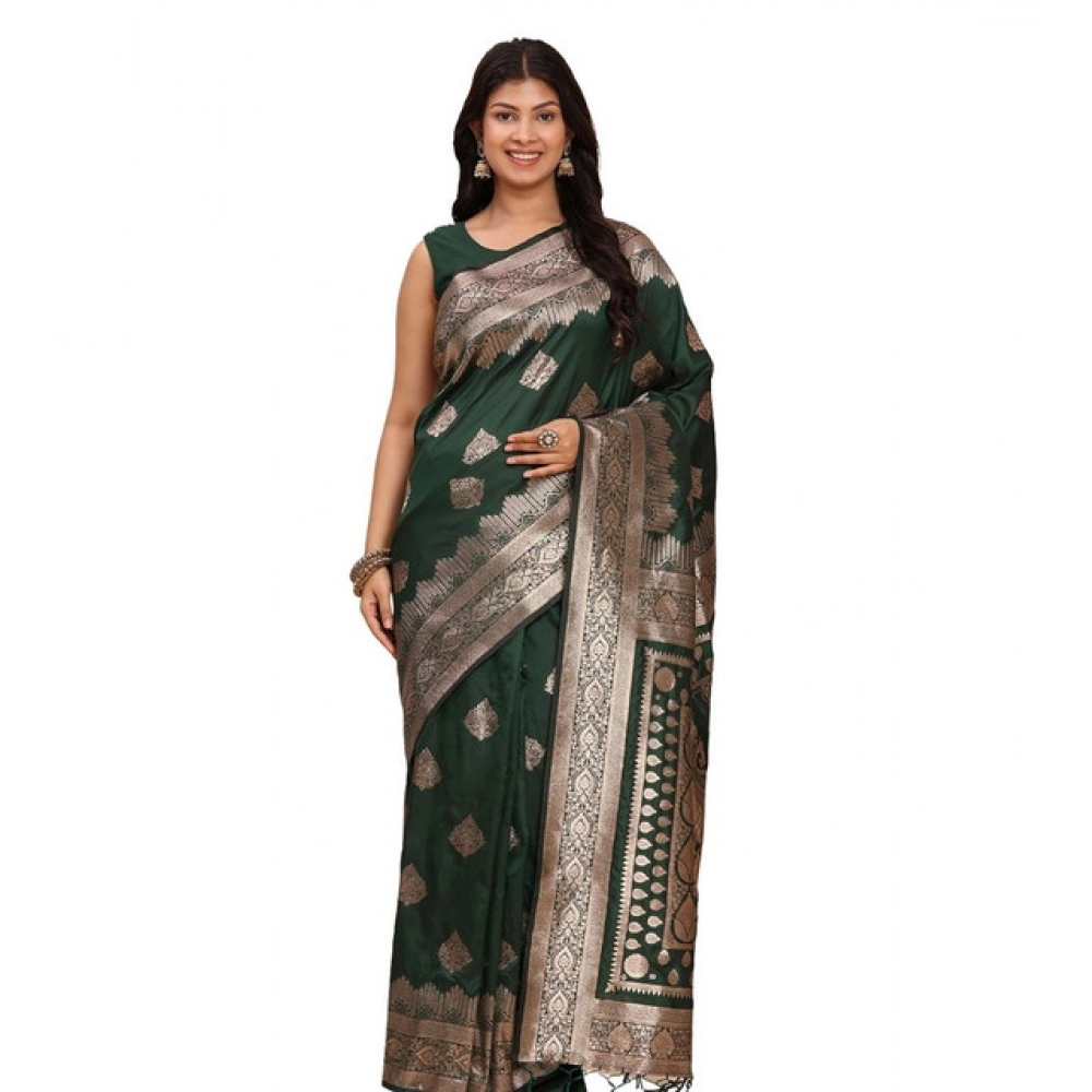 Spherevant Women's Banarasi Silk Printed Saree With Unstitched Blouse 5.5Mtr (Green)