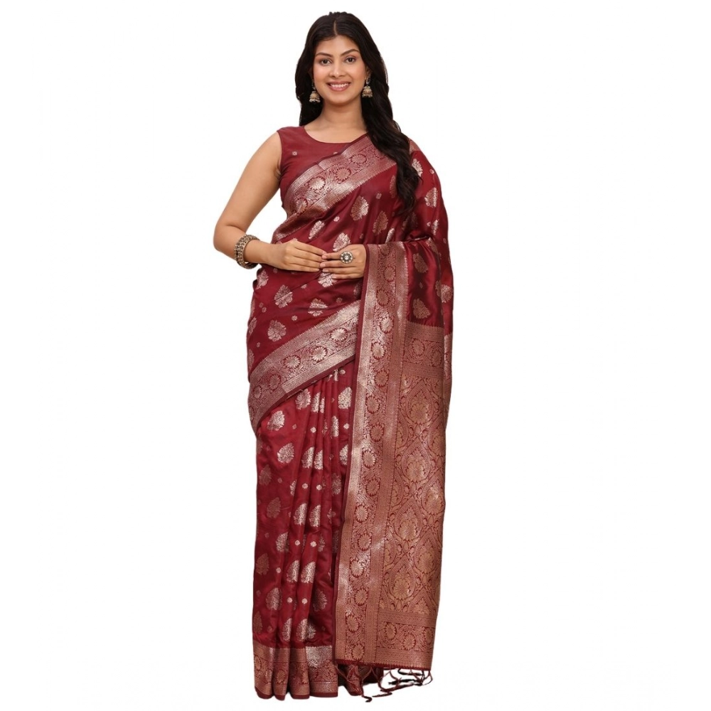 Spherevant Women's Banarasi Silk Printed Saree With Unstitched Blouse 5.5Mtr (Maroon)