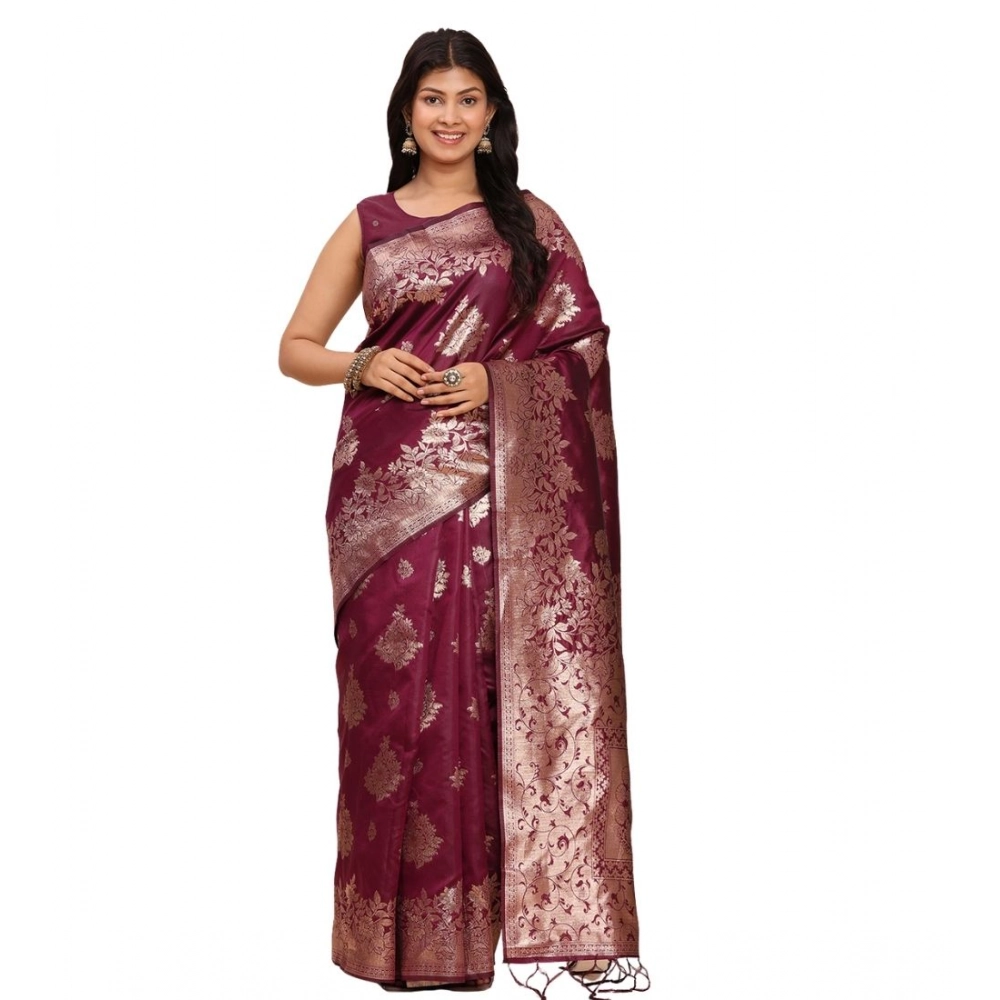 Spherevant Women's Banarasi Silk Printed Saree With Unstitched Blouse 5.5Mtr (Purple)