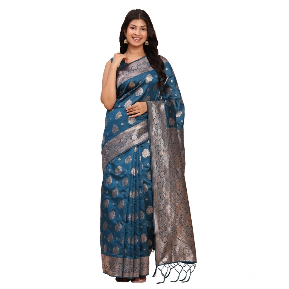Spherevant Women's Banarasi Silk Printed Saree With Unstitched Blouse 5.5Mtr (Teal Blue)