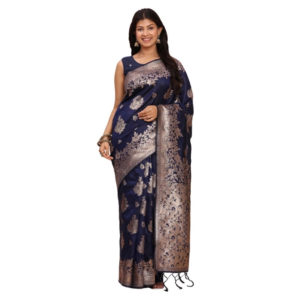 Spherevant Women's Banarasi Silk Printed Saree With Unstitched Blouse 5.5Mtr (Navy Blue)