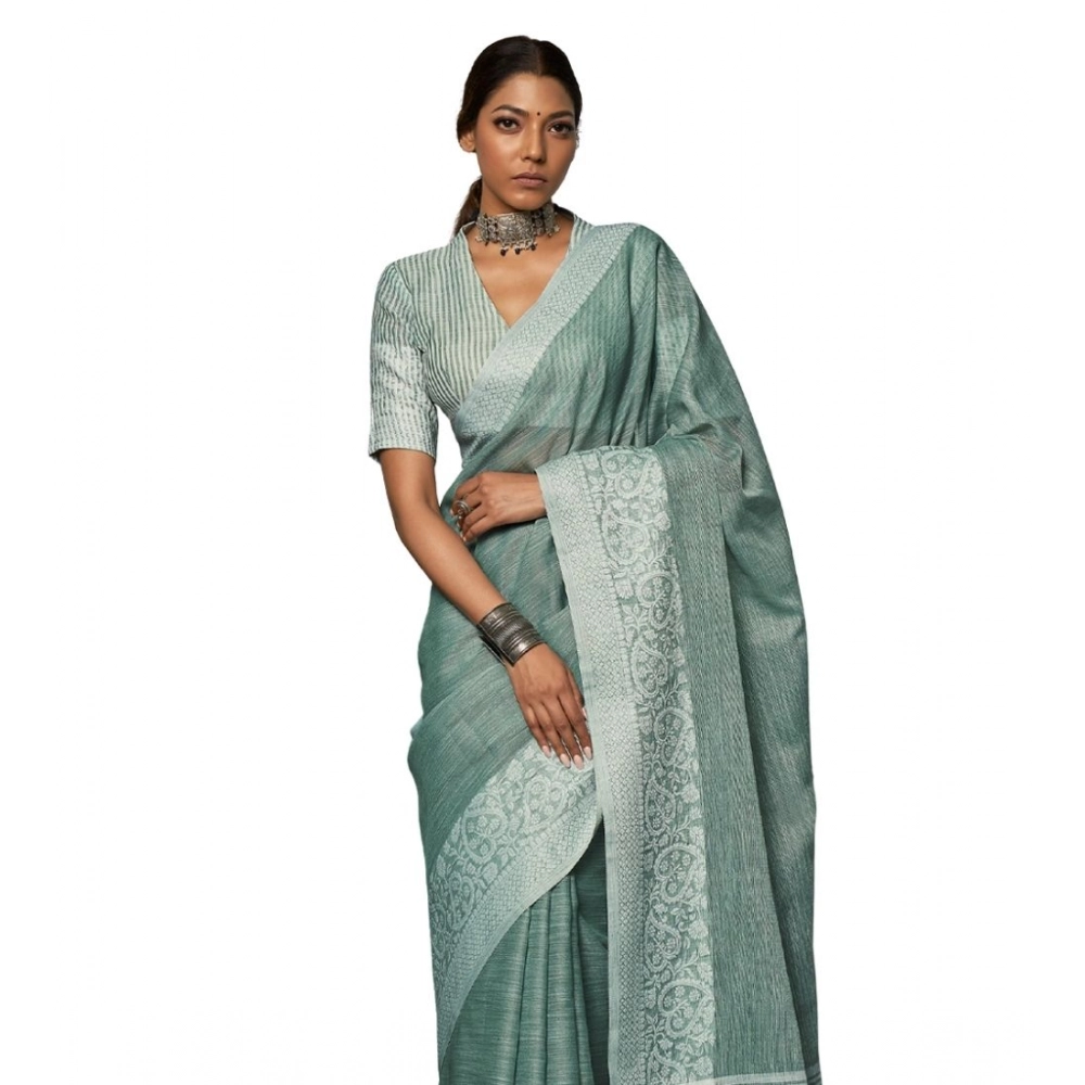 Spherevant Women's Linen Printed Saree With Unstitched Blouse 5.5Mtr (Sea Green)