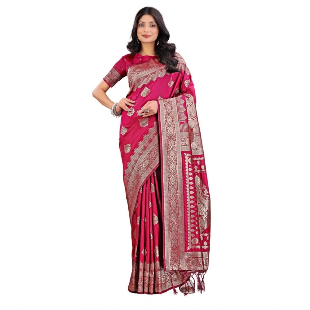 Spherevant Women's Silk Printed Saree With Unstitched Blouse 5.5Mtr (Magenta)