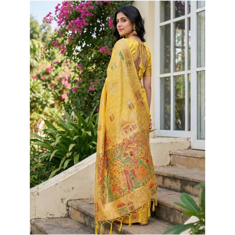Spherevant Women's Linen Cotton Printed Saree With Unstitched Blouse 5.5Mtr (Yellow) - Image 2