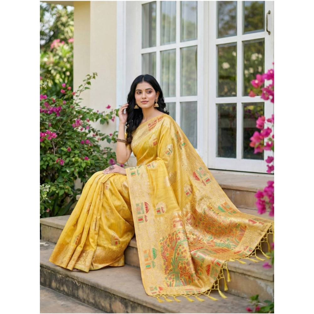 Spherevant Women's Linen Cotton Printed Saree With Unstitched Blouse 5.5Mtr (Yellow) - Image 3