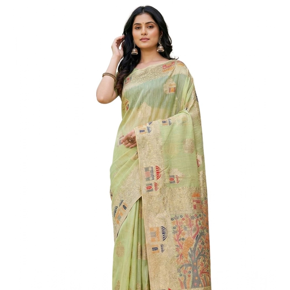 Spherevant Women's Linen Cotton Printed Saree With Unstitched Blouse 5.5Mtr (Light Green)
