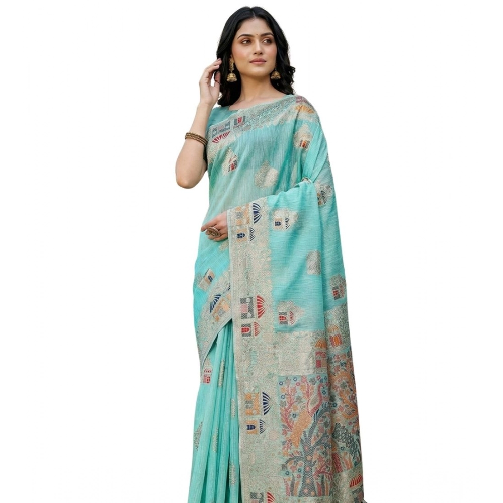 Spherevant Women's Linen Cotton Printed Saree With Unstitched Blouse 5.5Mtr (Sky Blue)