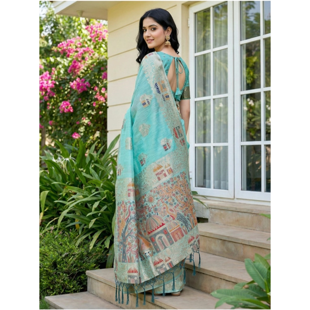 Spherevant Women's Linen Cotton Printed Saree With Unstitched Blouse 5.5Mtr (Sky Blue) - Image 2