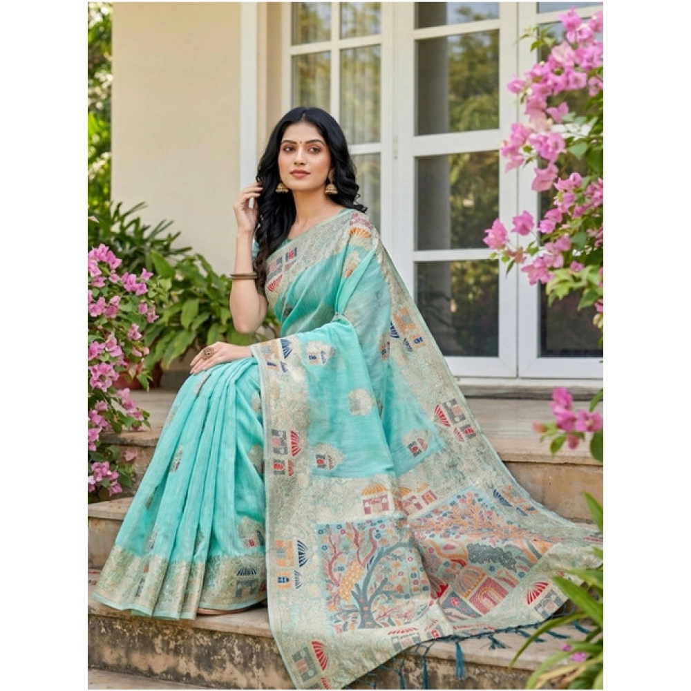 Spherevant Women's Linen Cotton Printed Saree With Unstitched Blouse 5.5Mtr (Sky Blue) - Image 3