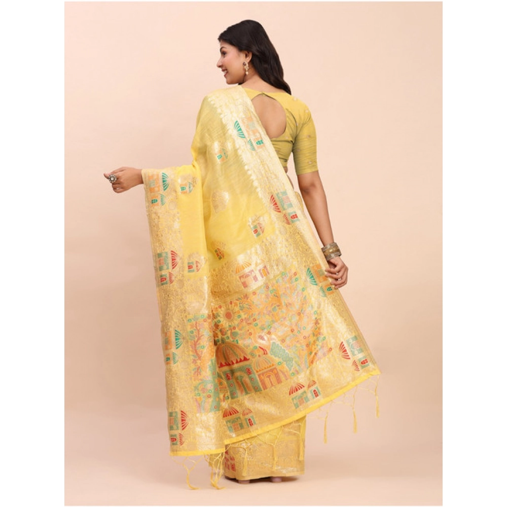 Spherevant Women's Linen Cotton Printed Saree With Unstitched Blouse 5.5Mtr (Yellow) - Image 2
