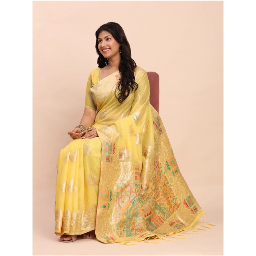 Spherevant Women's Linen Cotton Printed Saree With Unstitched Blouse 5.5Mtr (Yellow) - Image 3