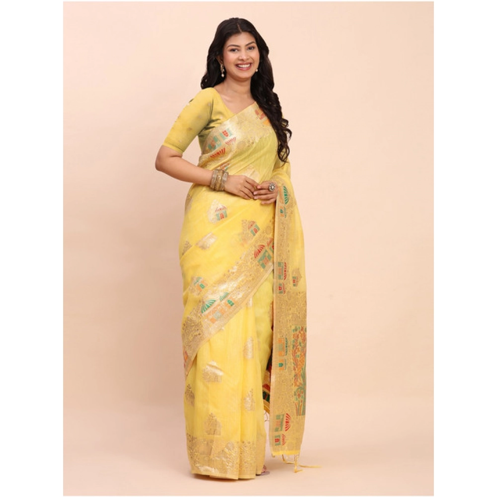 Spherevant Women's Linen Cotton Printed Saree With Unstitched Blouse 5.5Mtr (Yellow) - Image 4