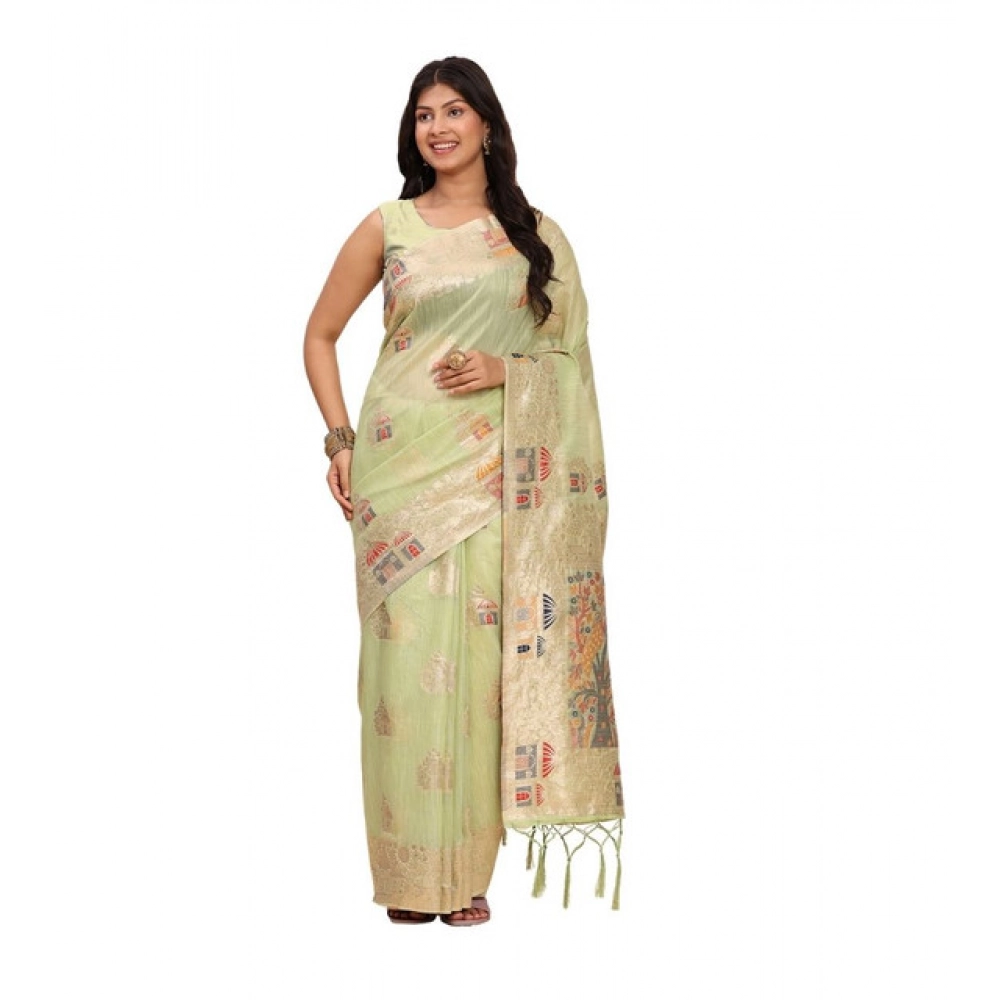 Spherevant Women's Linen Cotton Printed Saree With Unstitched Blouse 5.5Mtr (Light Green)