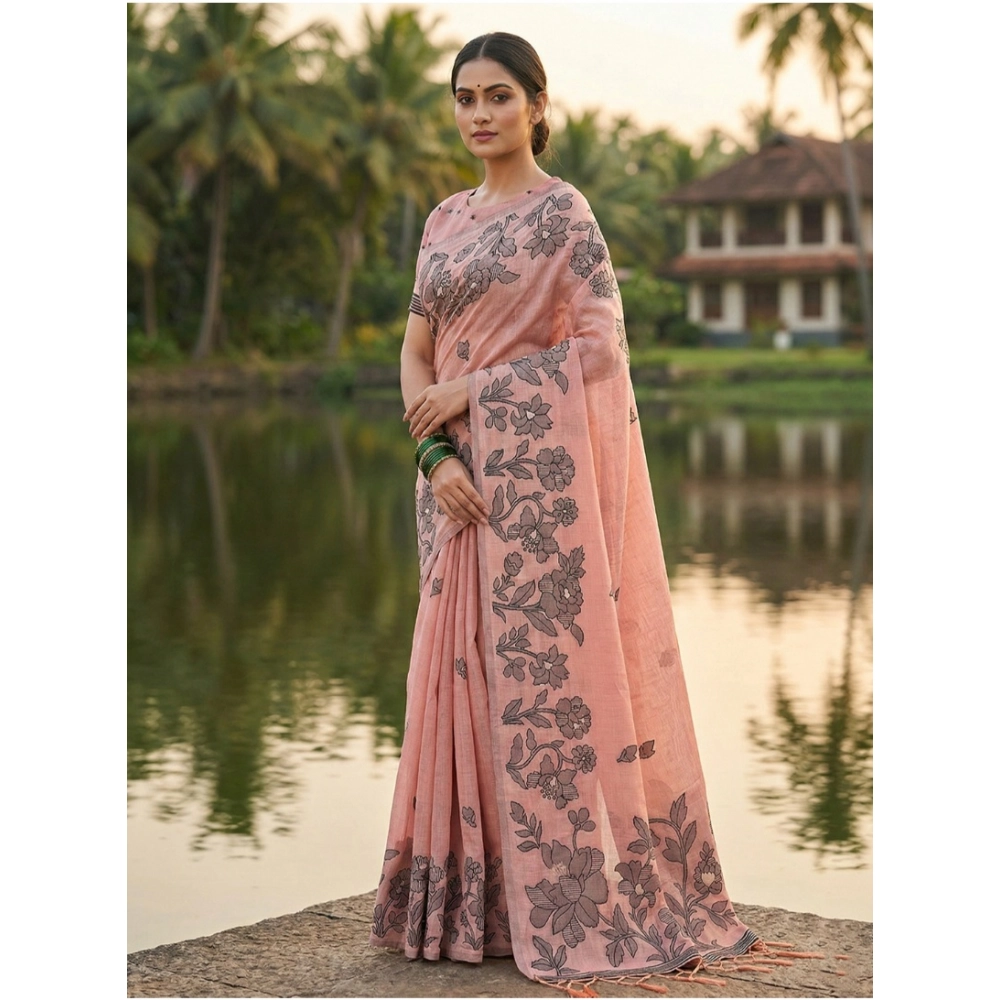 Spherevant Women's Linen Cotton Printed Saree With Unstitched Blouse 5.5Mtr (Peach) - Image 3