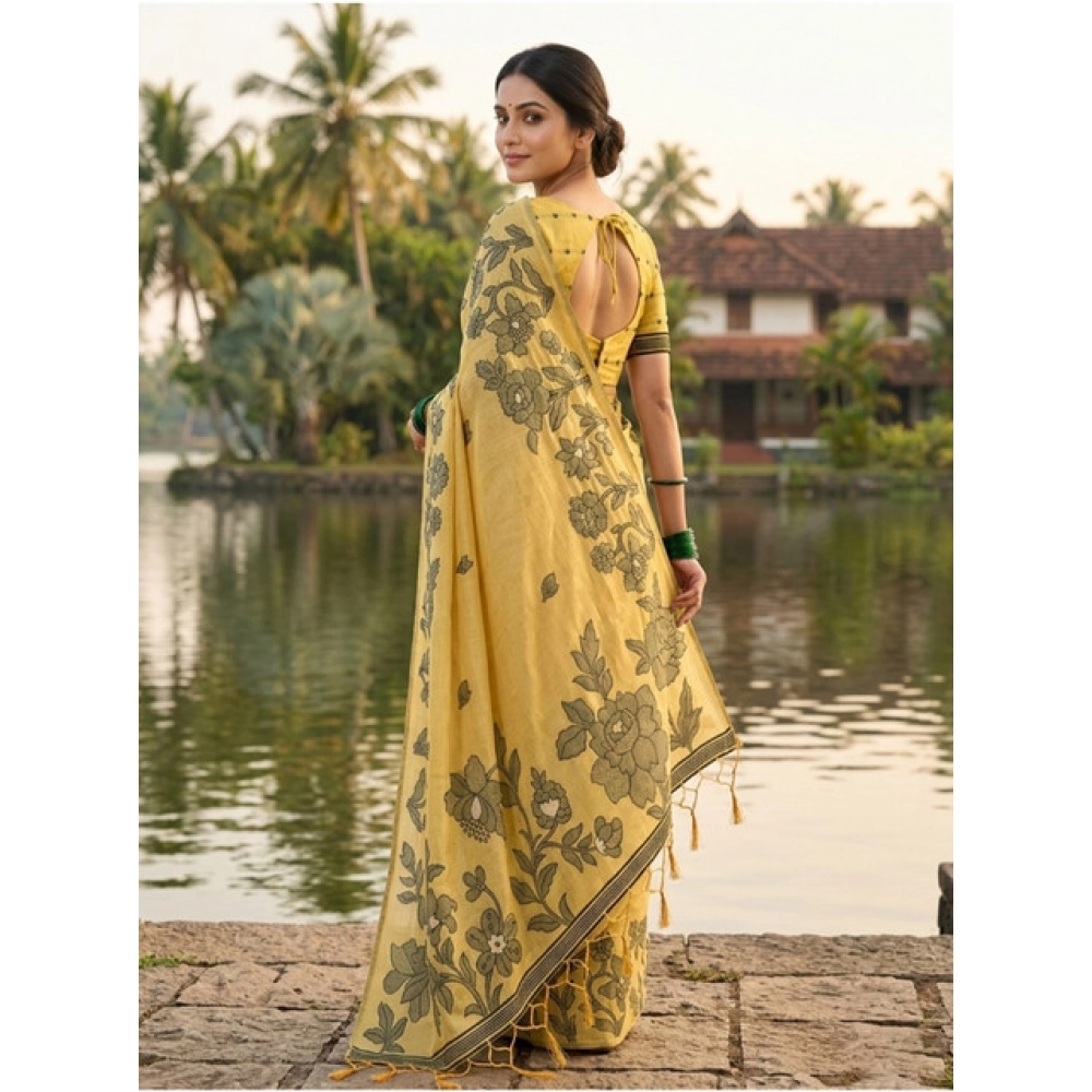 Spherevant Women's Linen Cotton Printed Saree With Unstitched Blouse 5.5Mtr (Yellow) - Image 2