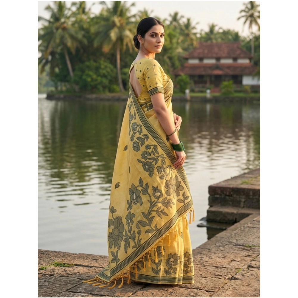 Spherevant Women's Linen Cotton Printed Saree With Unstitched Blouse 5.5Mtr (Yellow) - Image 3