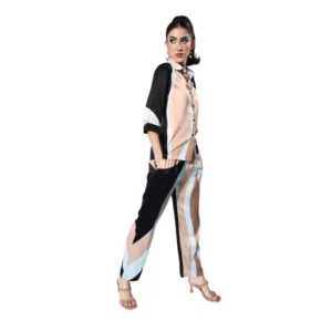 Spherevant Women's Satin Colour Block Long Sleeves Co-Ord Set (Beige - Black)