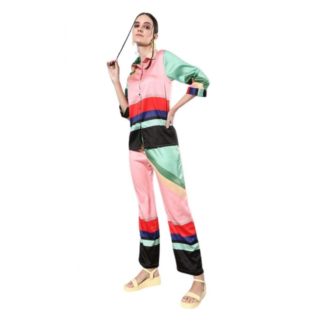 Spherevant Women's Satin Colour Block Long Sleeves Co-Ord Set (Multicolor)