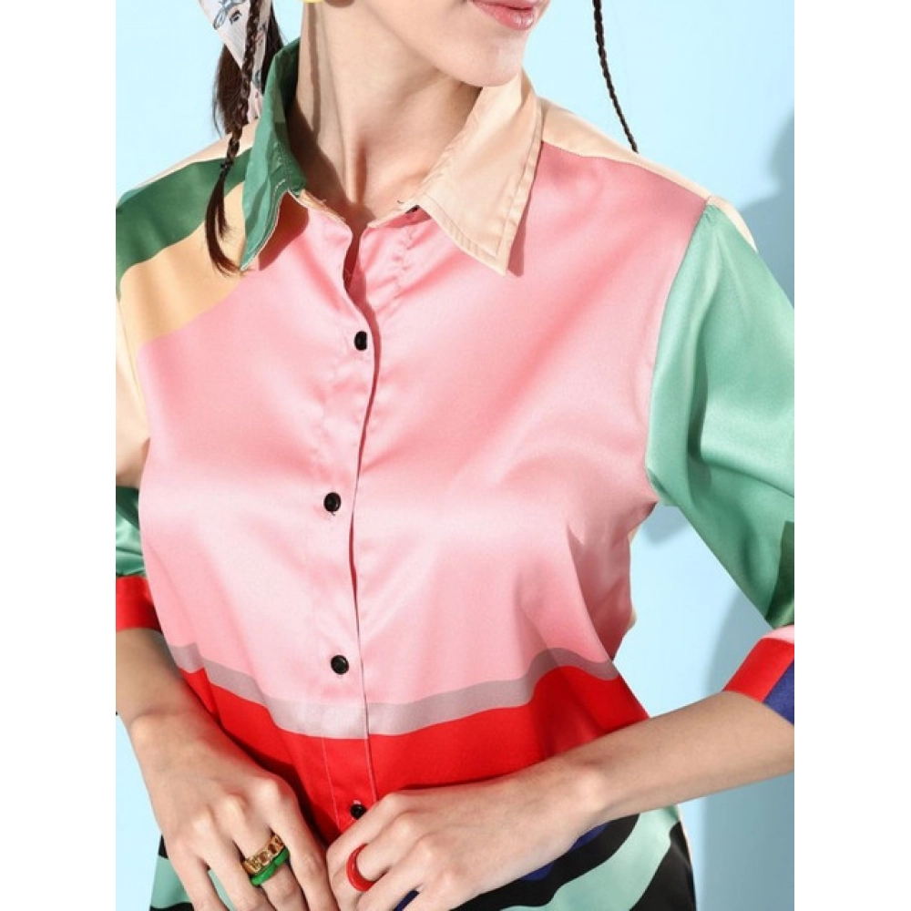 Spherevant Women's Satin Colour Block Long Sleeves Co-Ord Set (Multicolor) - Image 4