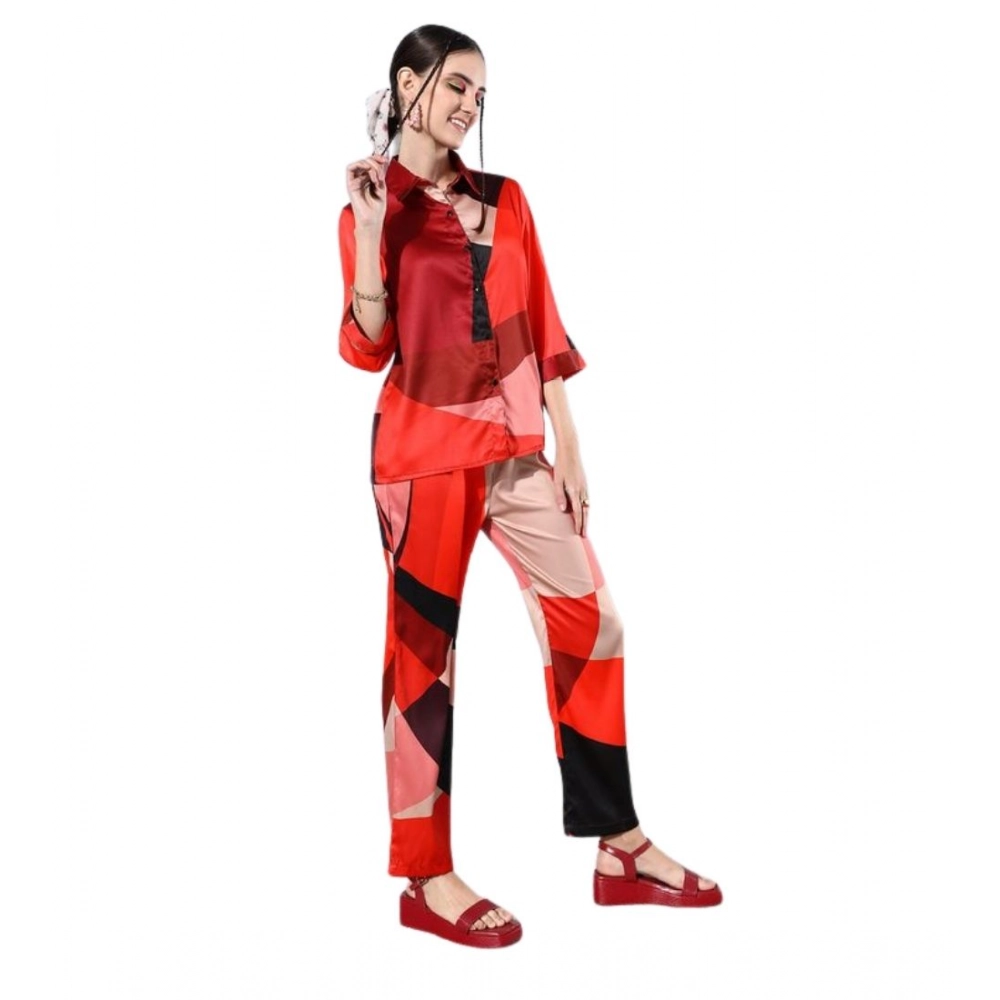 Spherevant Women's Satin Colour Block Long Sleeves Co-Ord Set (Multicolor)