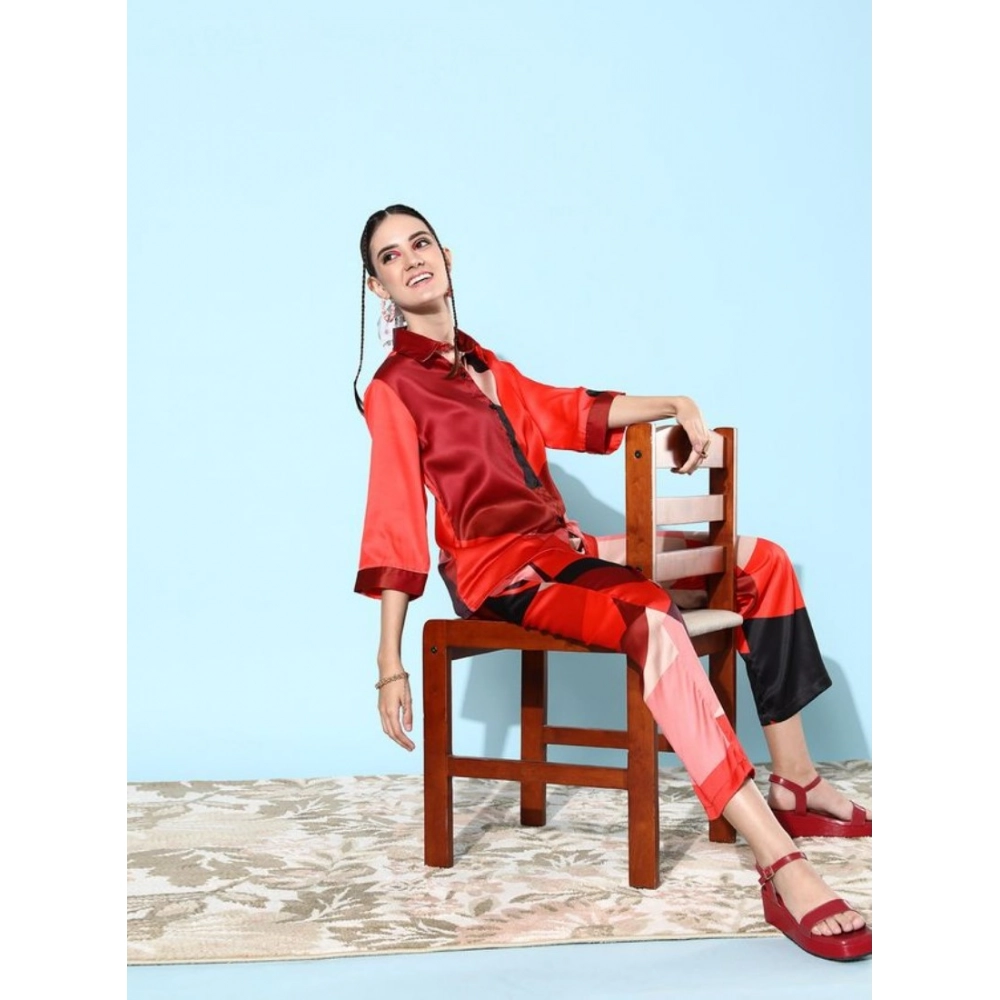 Spherevant Women's Satin Colour Block Long Sleeves Co-Ord Set (Multicolor) - Image 3