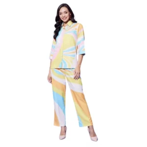 Spherevant Women's Polyester Colour Blocking 3-4th Sleeve Co-Ord Set (Multicolor)