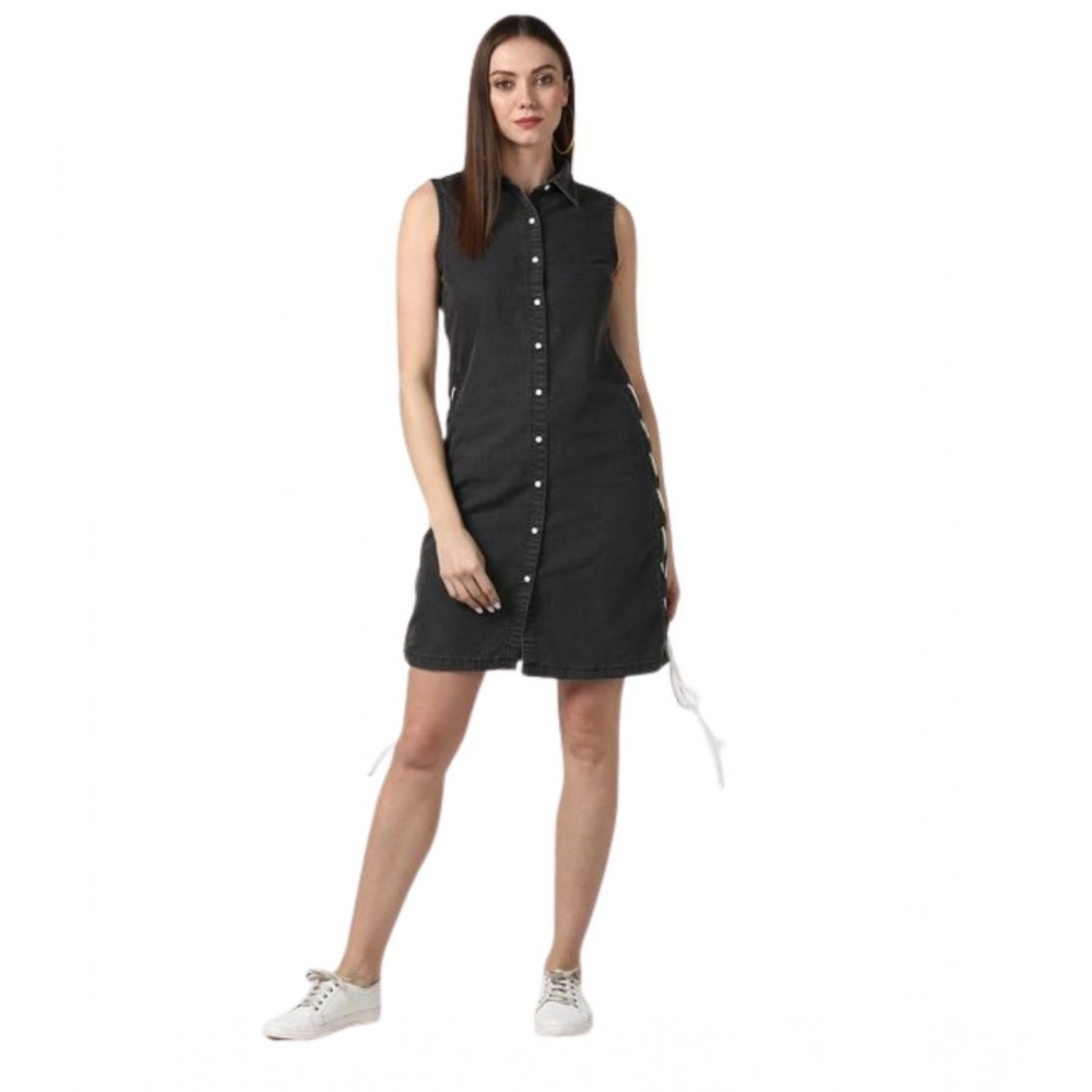 Spherevant Women's Denim Solid Sleeveless Dress (Black)