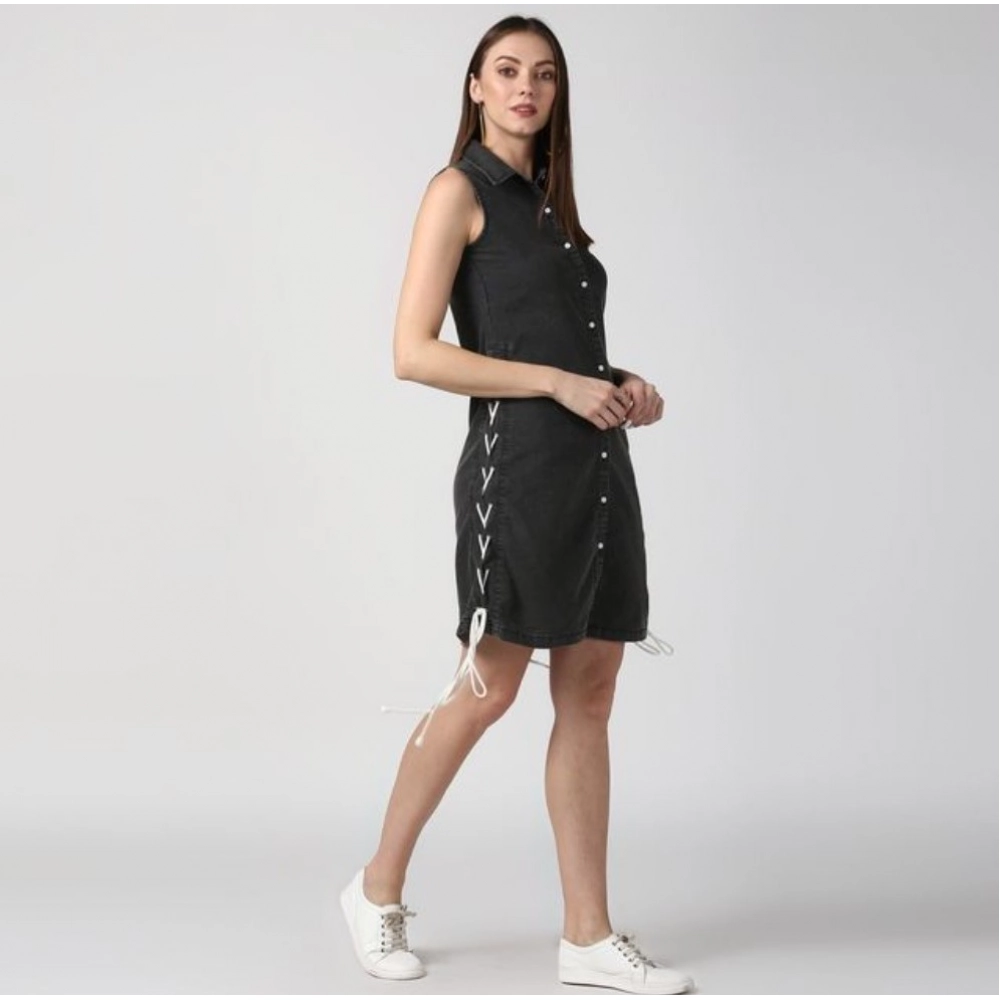 Spherevant Women's Denim Solid Sleeveless Dress (Black) - Image 4