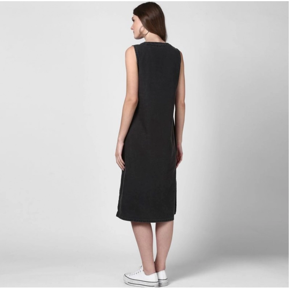 Spherevant Women's Denim Solid Sleeveless Dress (Black) - Image 2