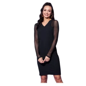 Spherevant Women's Polyester And Net Solid Long Sleeves Dress (Black)