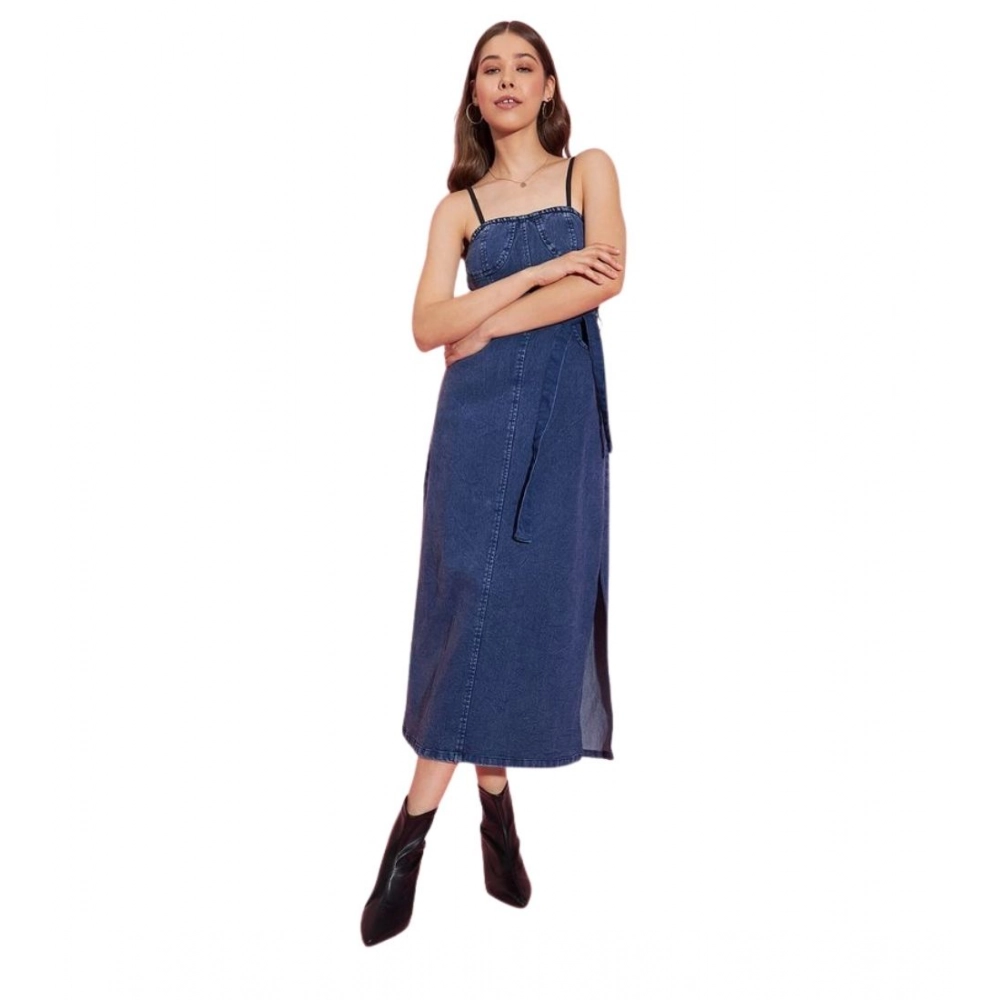 Spherevant Women's Denim Solid Shoulder Straps Dress (Blue)