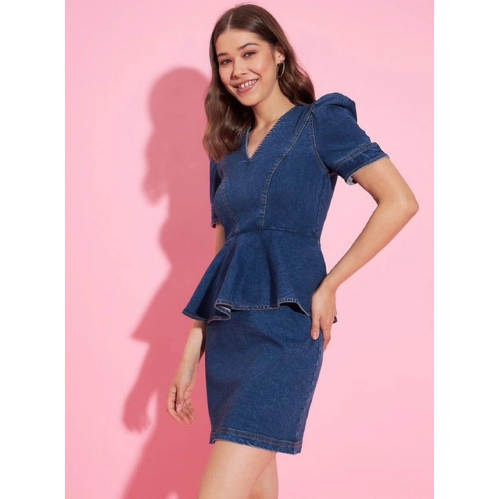 Spherevant Women's Denim Solid Puff Sleeves Dress (Blue) - Image 3