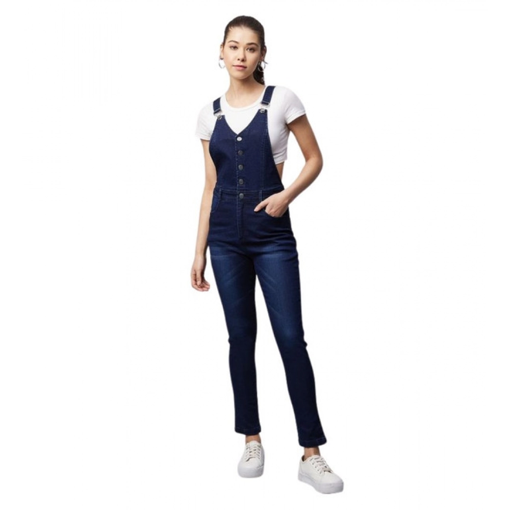 Spherevant Women's Denim Lycra Solid Buttoned Dungaree (Navy)