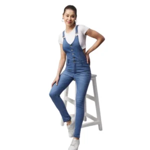 Spherevant Women's Denim Lycra Solid Buttoned Dungaree (Ice Blue)