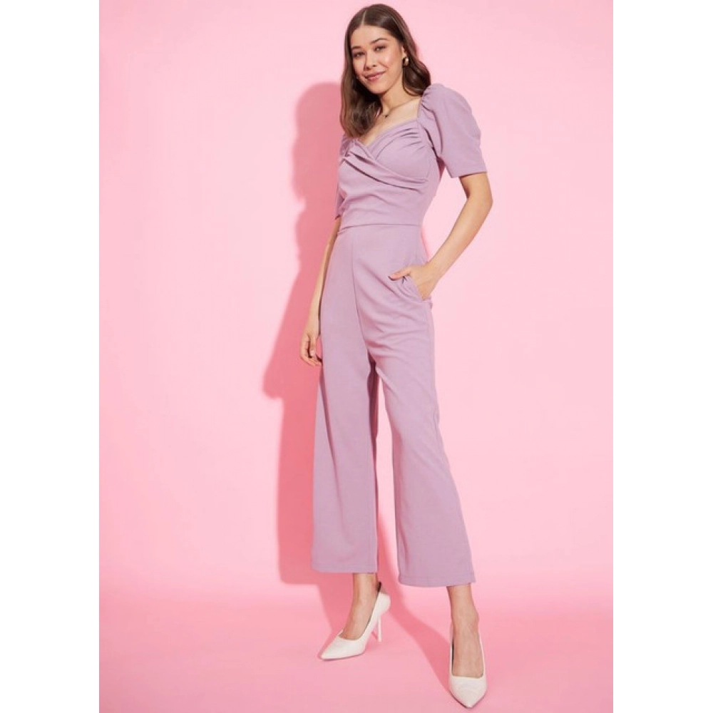 Spherevant Women's Polyester Lycra Solid Puff Sleeve Jumpsuit (Lavender) - Image 3