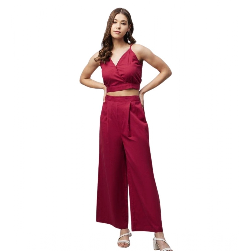 Spherevant Women's Cotton Linen Solid Sleeveless Crop Top and Palazzo Set (Maroon)