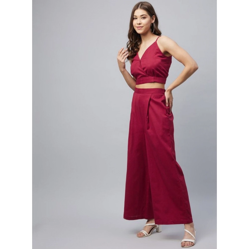 Spherevant Women's Cotton Linen Solid Sleeveless Crop Top and Palazzo Set (Maroon) - Image 4
