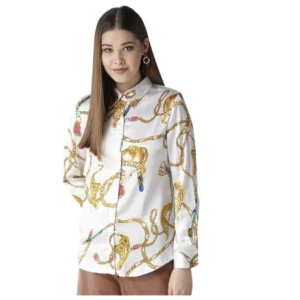 Spherevant Women's Satin Printed Long Sleeves Shirt (White-Gold)