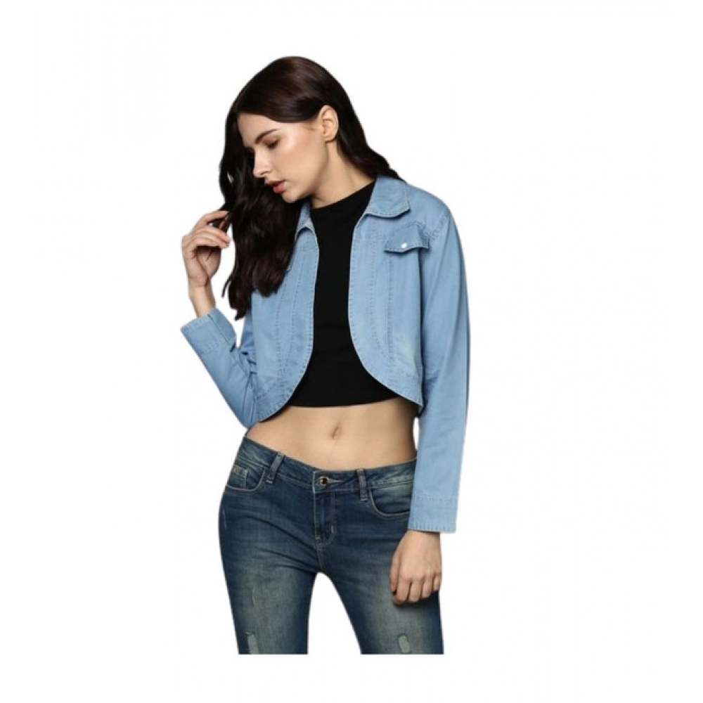 Spherevant Women's Denim Solid 3-4th Sleeves Shrug (Blue)
