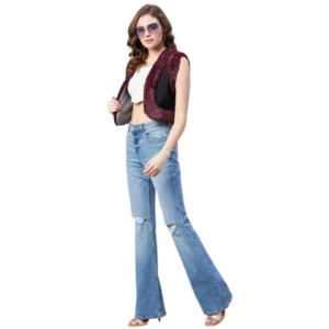 Spherevant Women's Denim And Fur Solid Sleeveless Shrug (Black - Maroon)