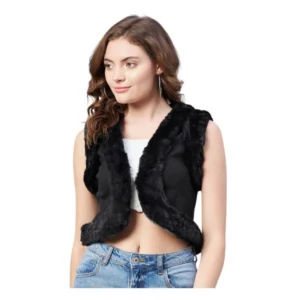 Spherevant Women's Denim And Fur Solid Sleeveless Shrug (Black)