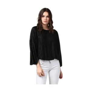 Spherevant Women's Polyester Pleated Balloon Sleeve Top (Black)