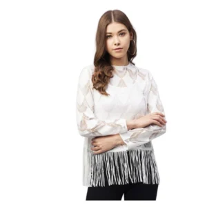 Spherevant Women's Lace Self Design Short Sleeve Top (White)