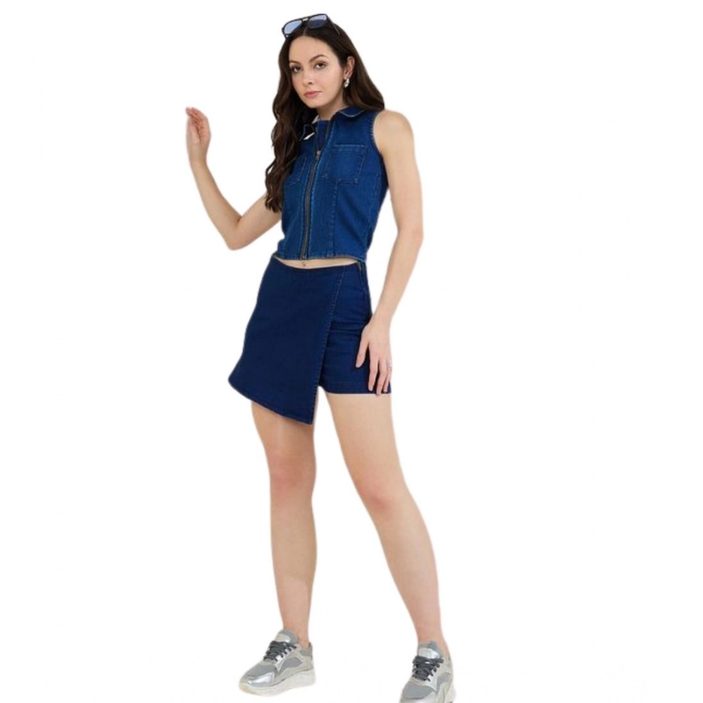 Spherevant Women's Denim Lycra Solid Sleeveless Top (Blue)