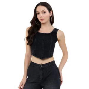 Spherevant Women's Denim Lycra Solid Sleeveless Top (Black)