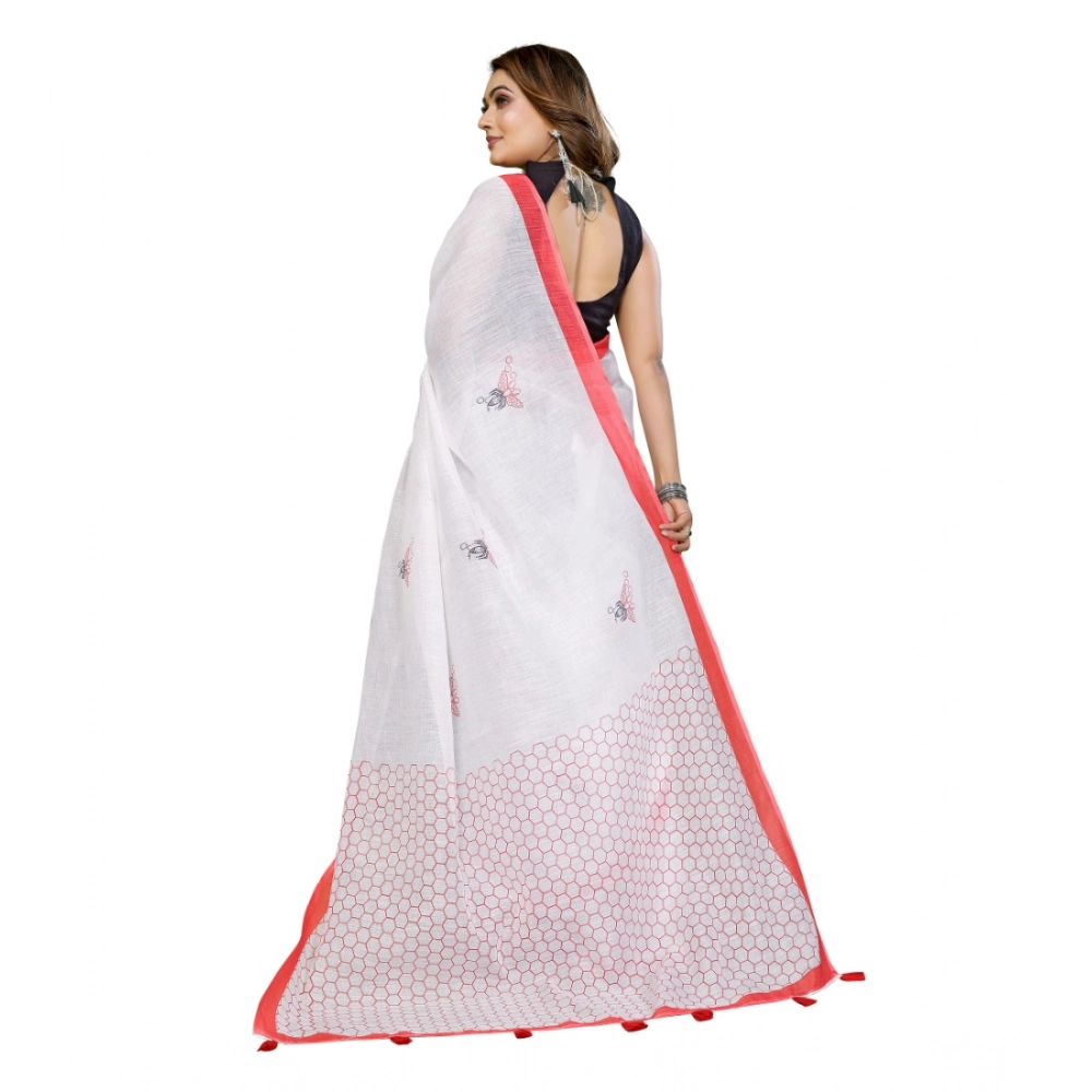 Spherevant Women's Linen Cotton Printed Saree With Unstitched Blouse 5.5Mtr (White) - Image 3