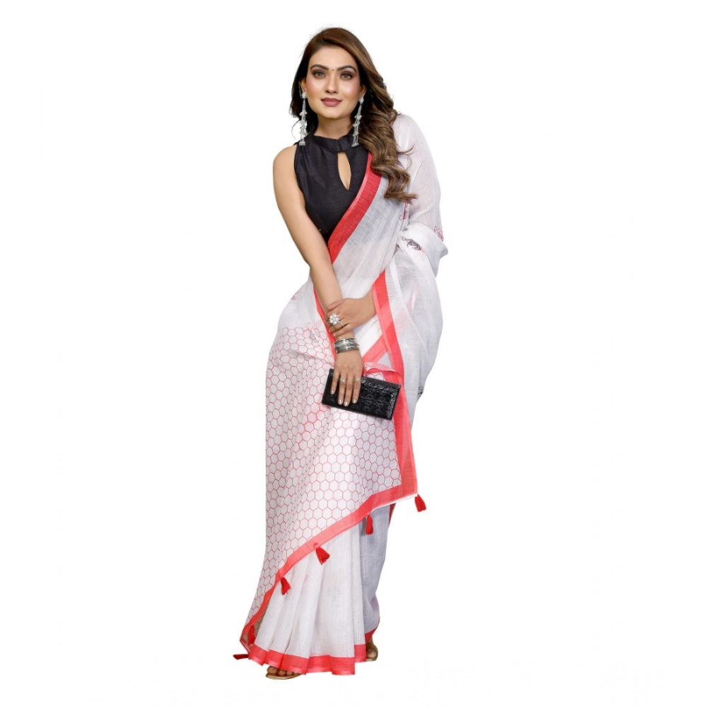 Spherevant Women's Linen Cotton Printed Saree With Unstitched Blouse 5.5Mtr (White) - Image 4