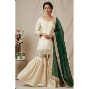 Spherevant Women's Silk Embroidered 3/4th Sleeve V-Neck Kurti With Sharara Pant and Dupatta Set (Cream & Bottle Green)