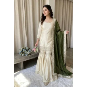 Spherevant Women's Silk Embroidered 3/4th Sleeve V-Neck Kurti With Sharara Pant and Dupatta Set (Cream & Green)
